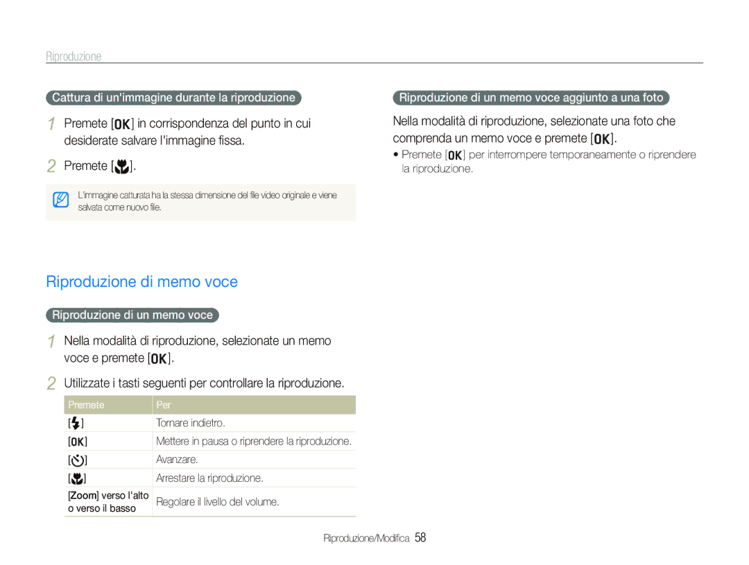 Samsung EC-IT100BBP/IT, EC-IT100UBP/IT manual Riproduzione di memo voce, Cattura di unimmagine durante la riproduzione 