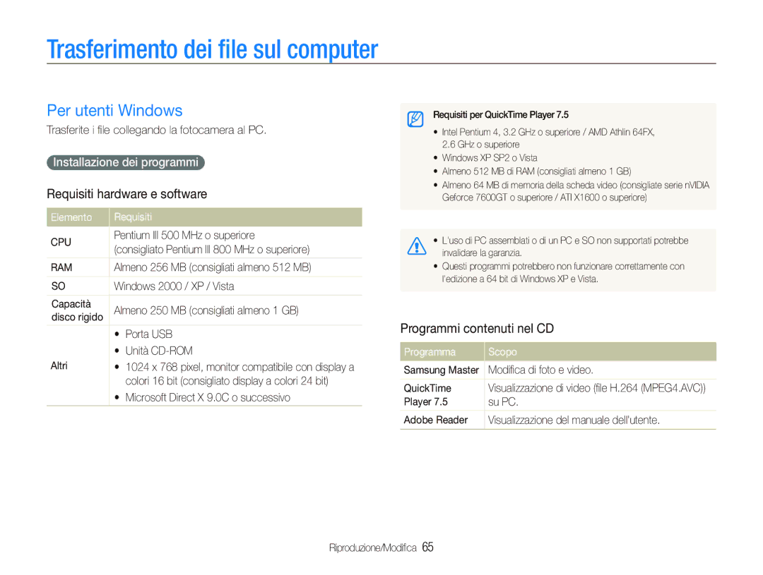 Samsung EC-IT100UBP/IT manual Trasferimento dei ﬁle sul computer, Per utenti Windows, Requisiti hardware e software 