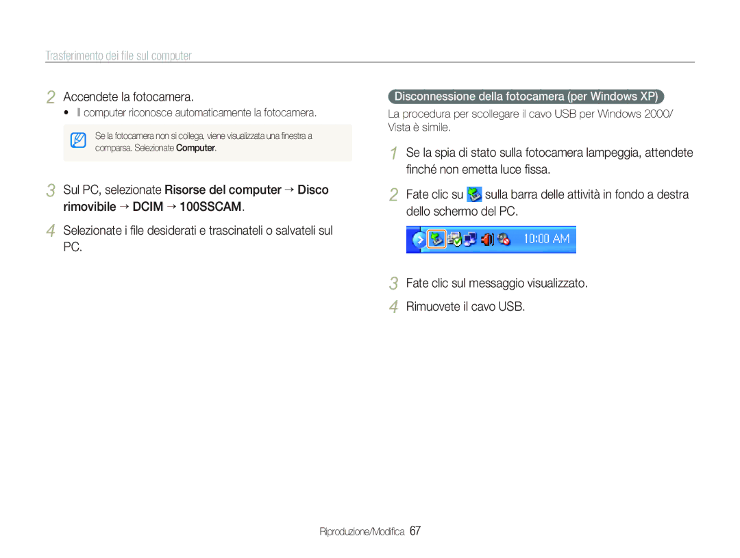 Samsung EC-IT100RBP/IT, EC-IT100UBP/IT, EC-IT100SBA/IT, EC-IT100SBP/IT manual Disconnessione della fotocamera per Windows XP 