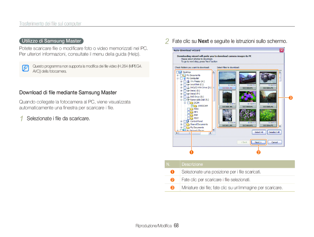 Samsung EC-IT100SBP/IT Fate clic su Next e seguite le istruzioni sullo schermo, Download di ﬁle mediante Samsung Master 