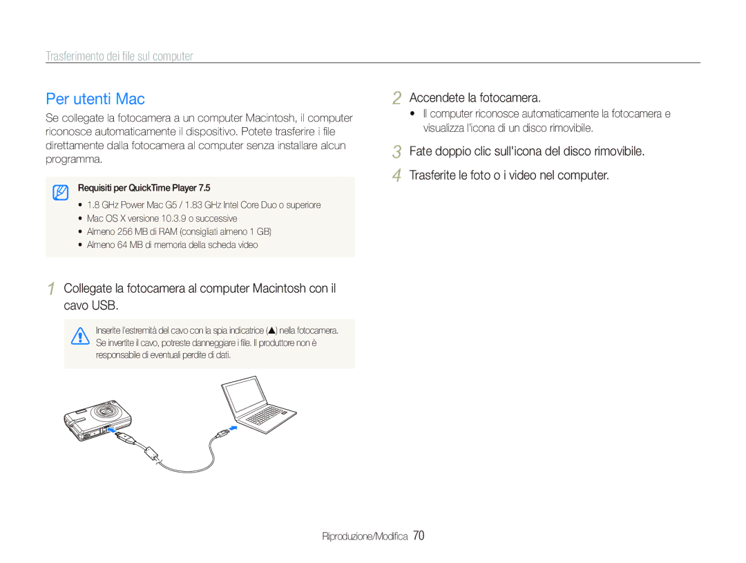 Samsung EC-IT100BBP/IT, EC-IT100UBP/IT, EC-IT100SBA/IT, EC-IT100RBP/IT manual Per utenti Mac, Accendete la fotocamera 