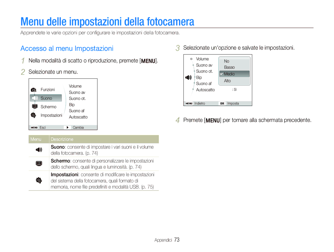 Samsung EC-IT100RBP/IT manual Menu delle impostazioni della fotocamera, Accesso al menu Impostazioni, Menu Descrizione 