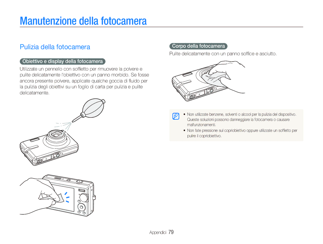 Samsung EC-IT100RBP/IT manual Manutenzione della fotocamera, Pulizia della fotocamera, Obiettivo e display della fotocamera 