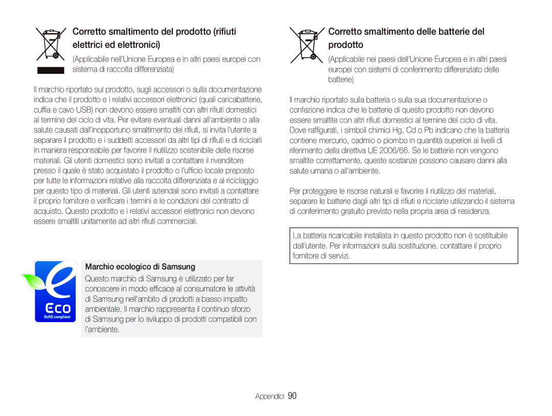 Samsung EC-IT100SBA/IT, EC-IT100UBP/IT manual Corretto smaltimento delle batterie del prodotto, Marchio ecologico di Samsung 