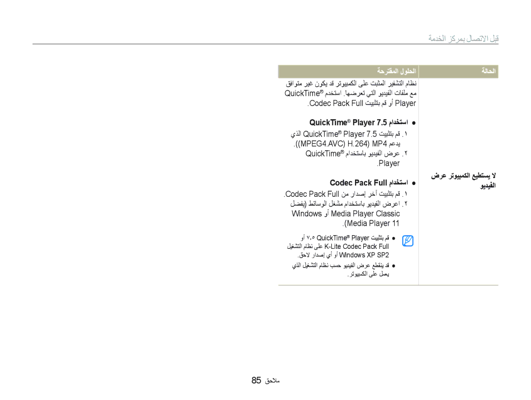 Samsung EC-IT100RBP/ME, EC-IT100UDP/ME manual ﺔﺣﺮﺘﻘﻤﻟﺍ ﻝﻮﻠﺤﻟﺍ, QuickTime Player 7.5 ﻡﺍﺪﺨﺘﺳﺍ, Codec Pack Full ﻡﺍﺪﺨﺘﺳﺍ 