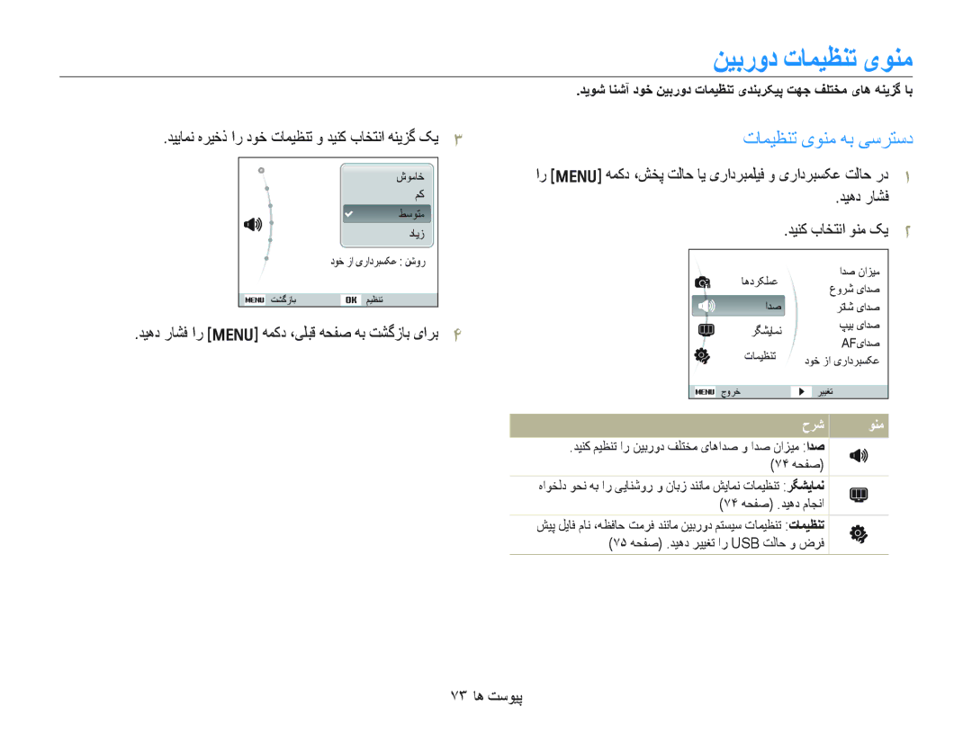 Samsung EC-IT100UBP/ME manual ﻦﻴﺑﺭﻭﺩ ﺕﺎﻤﻴﻈﻨﺗ یﻮﻨﻣ, ﺕﺎﻤﻴﻈﻨﺗ یﻮﻨﻣ ﻪﺑ ﯽﺳﺮﺘﺳﺩ, ﺪﻴﻫﺩ ﺭﺎﺸﻓ ﺍﺭ m ﻪﻤﮐﺩ ،ﯽﻠﺒﻗ ﻪﺤﻔﺻ ﻪﺑ ﺖﺸﮔﺯﺎﺑ یﺍﺮﺑ 