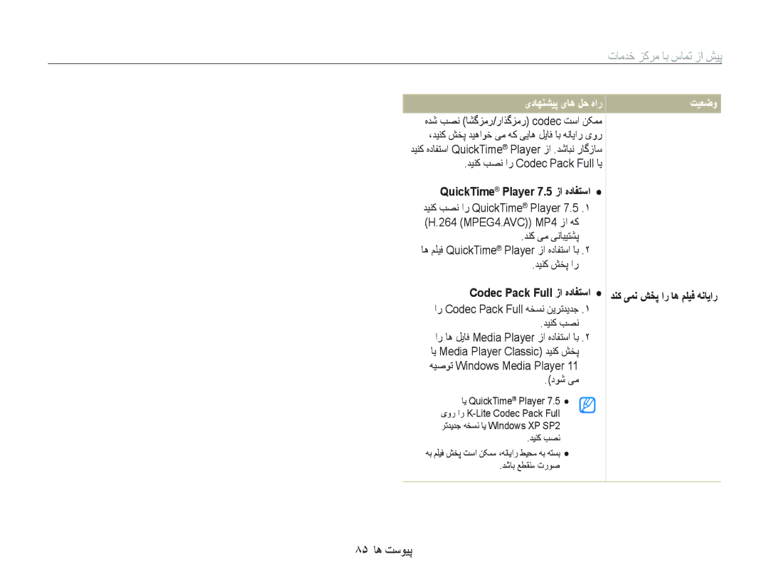 Samsung EC-IT100RBP/ME manual ٨۵ ﺎﻫ ﺖﺳﻮﻴﭘ, یﺩﺎﻬﻨﺸﻴﭘ یﺎﻫ ﻞﺣ ﻩﺍﺭ, QuickTime Player 7.5 ﺯﺍ ﻩﺩﺎﻔﺘﺳﺍ, Codec Pack Full ﺯﺍ ﻩﺩﺎﻔﺘﺳﺍ 