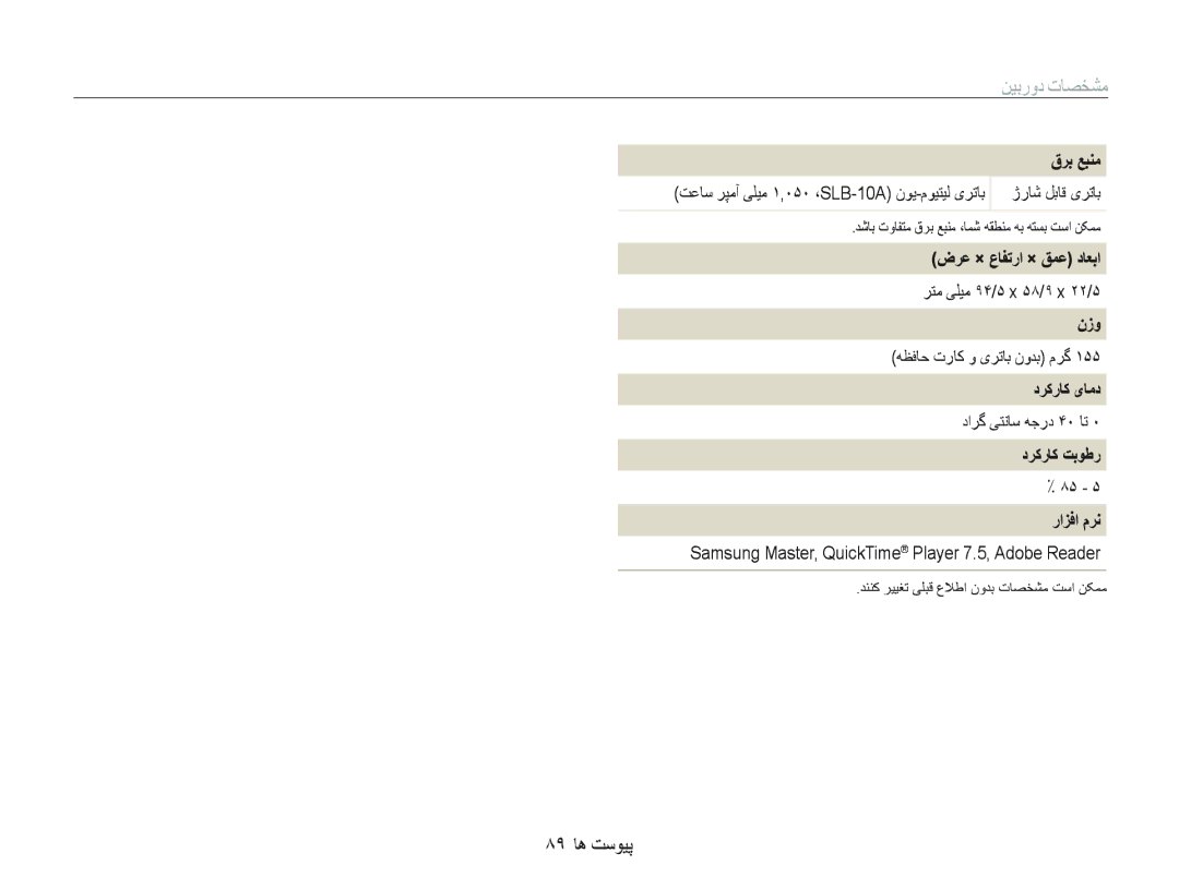 Samsung EC-IT100UBP/ME, EC-IT100UDP/ME, EC-IT100SBP/SA, EC-IT100SDP/ME, EC-IT100UBP/SA, EC-IT100BBP/ME manual ٨٩ ﺎﻫ ﺖﺳﻮﻴﭘ 