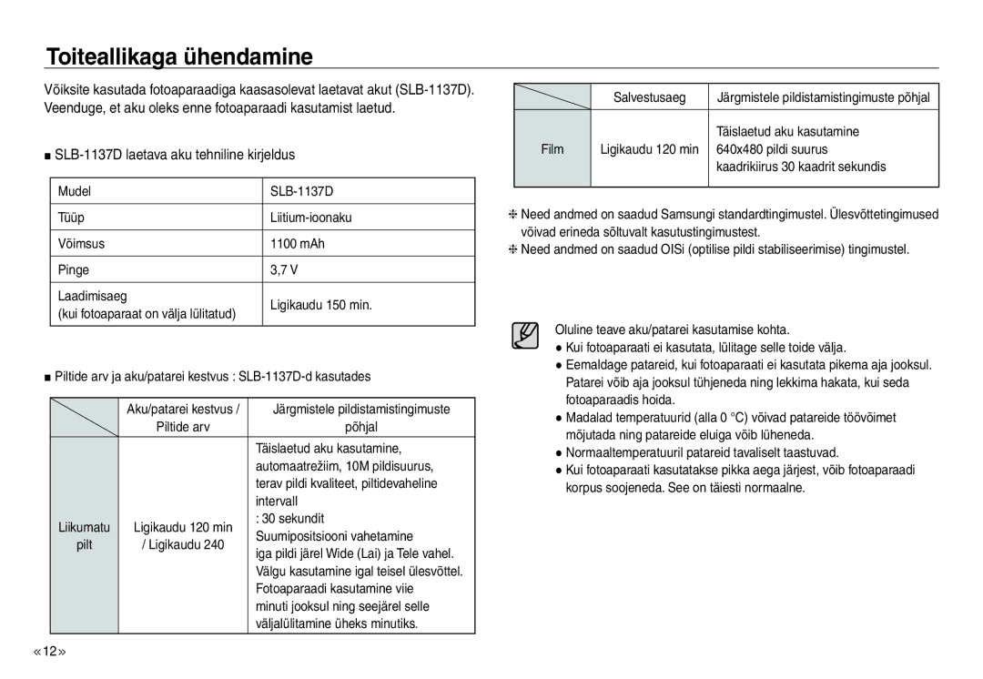 Samsung EC-J45ABDA/EU3 manual Toiteallikaga ühendamine, SLB-1137D laetava aku tehniline kirjeldus 