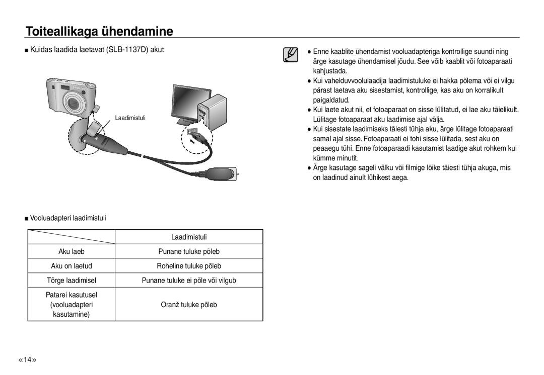 Samsung EC-J45ABDA/EU3 manual Kuidas laadida laetavat SLB-1137D akut, Vooluadapteri laadimistuli Laadimistuli 