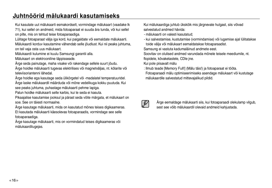 Samsung EC-J45ABDA/EU3 manual Juhtnöörid mälukaardi kasutamiseks 