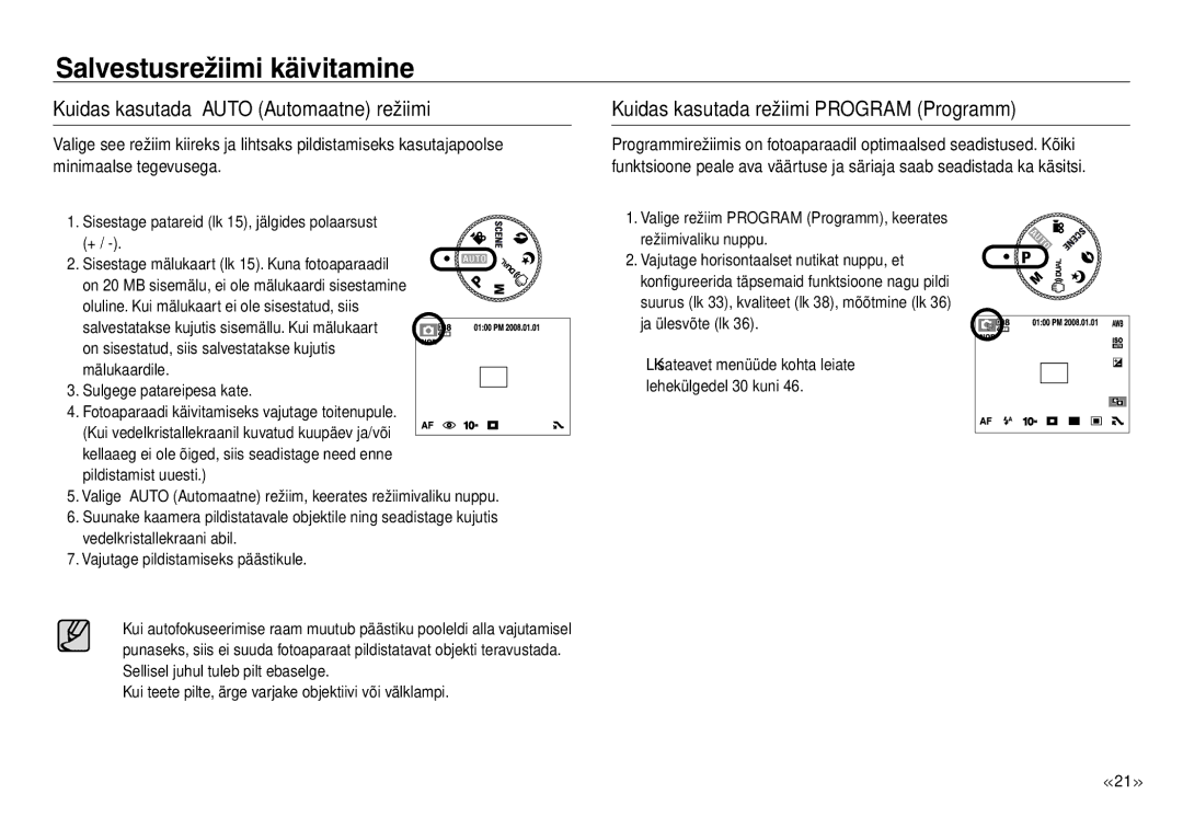 Samsung EC-J45ABDA/EU3 manual Salvestusrežiimi käivitamine, Kuidas kasutada Auto Automaatne režiimi 