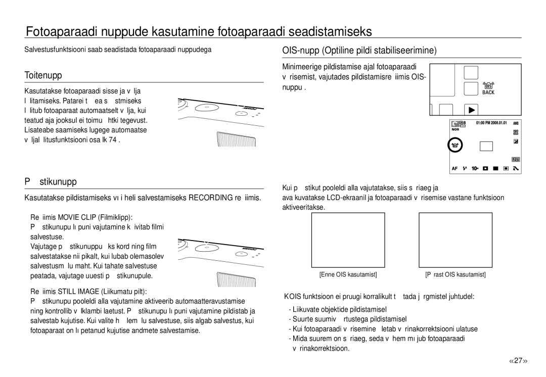 Samsung EC-J45ABDA/EU3 manual Fotoaparaadi nuppude kasutamine fotoaparaadi seadistamiseks, Toitenupp, Päästikunupp 