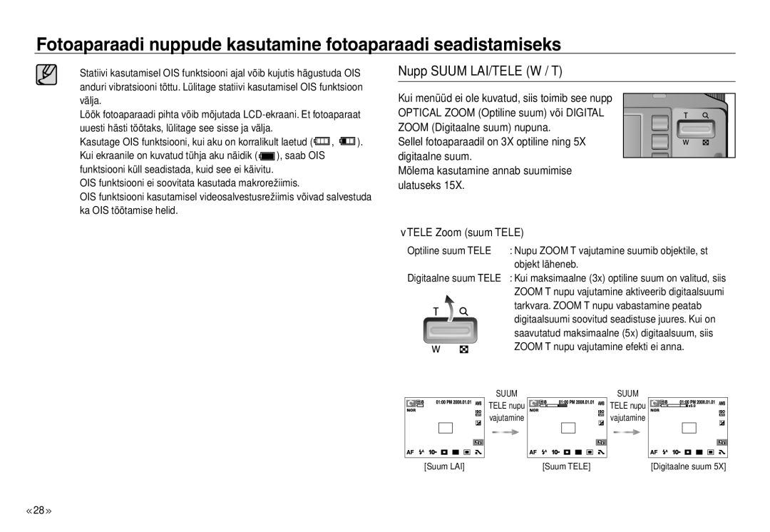 Samsung EC-J45ABDA/EU3 manual Nupp Suum LAI/TELE W / T, Optiline suum Tele, Objekt läheneb 