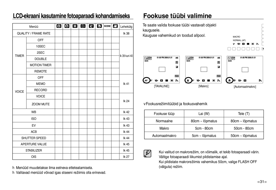 Samsung EC-J45ABDA/EU3 Fookuse tüübi valimine, Kaugusele Kauguse vahemikud on toodud allpool, Fookuse tüüp Lai W Tele T 