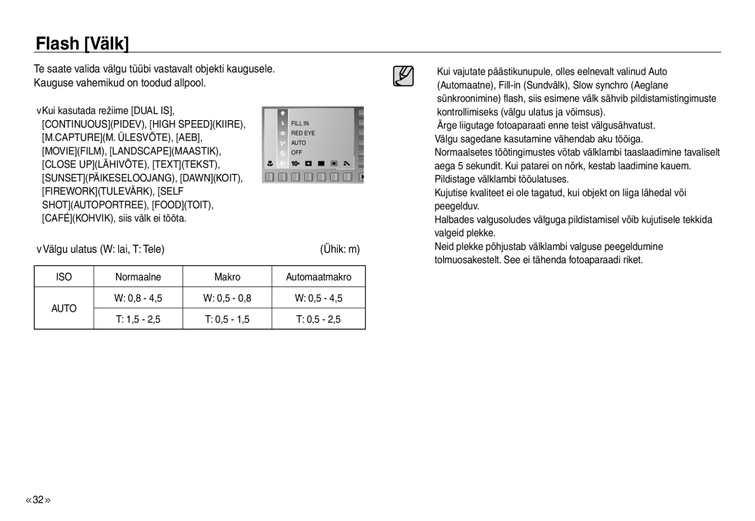 Samsung EC-J45ABDA/EU3 manual Flash Välk, Välgu ulatus W lai, T Tele Ühik m, MOVIEFILM, Landscapemaastik, Iso, Auto 