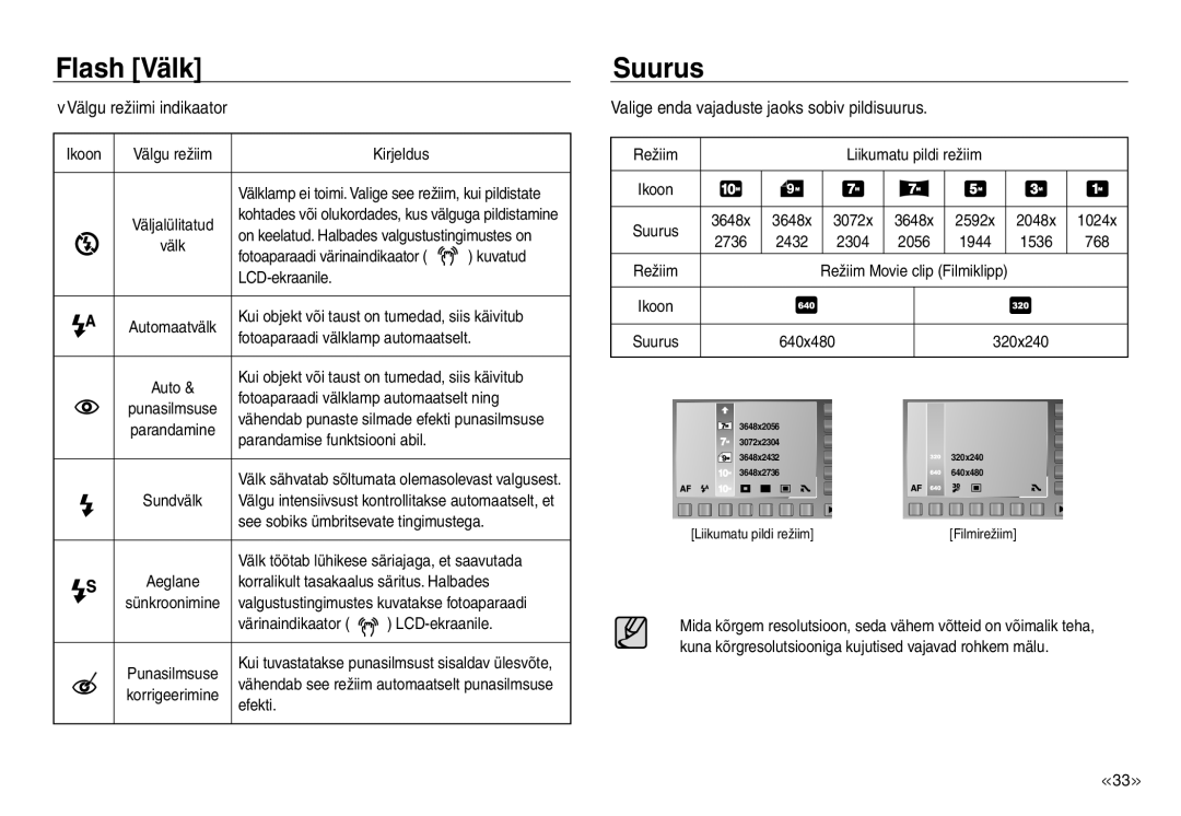 Samsung EC-J45ABDA/EU3 manual Suurus, Välgu režiimi indikaator, Valige enda vajaduste jaoks sobiv pildisuurus 