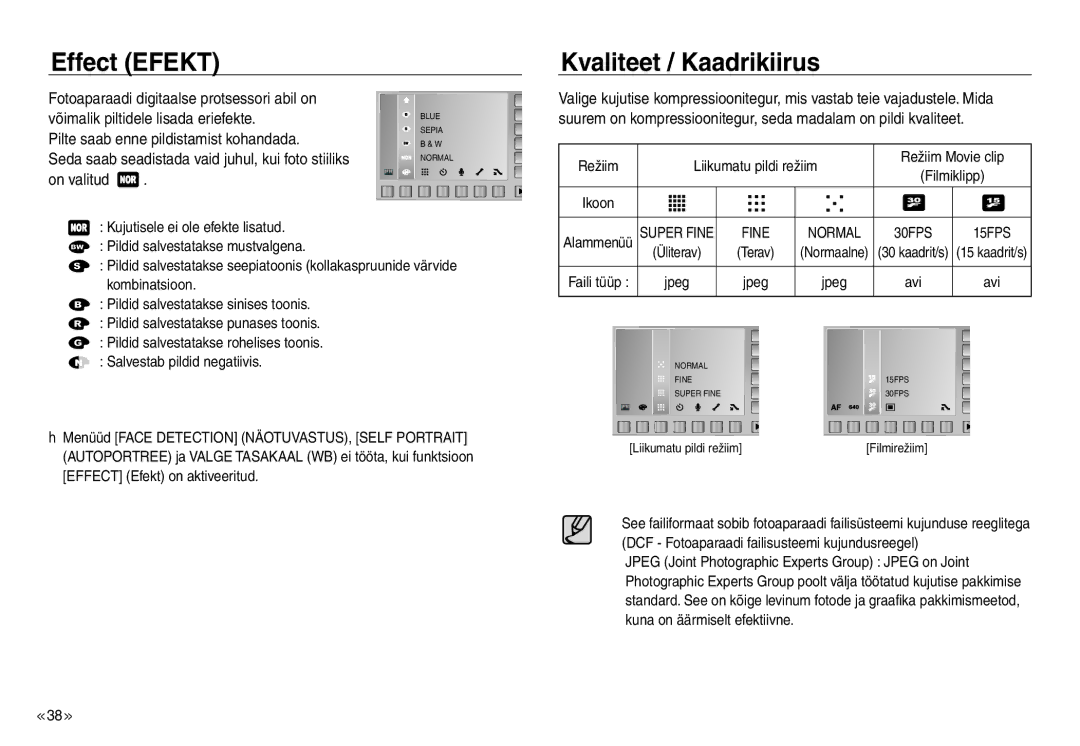 Samsung EC-J45ABDA/EU3 manual Effect Efekt, Kvaliteet / Kaadrikiirus, Pilte saab enne pildistamist kohandada, On valitud 