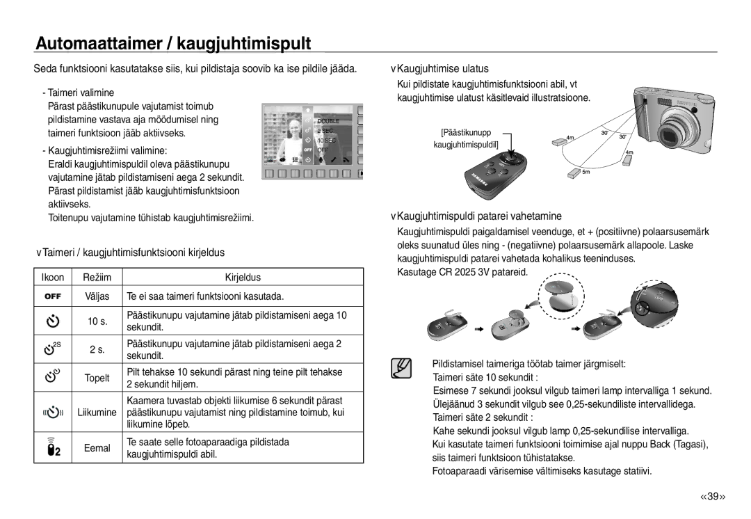 Samsung EC-J45ABDA/EU3 manual Automaattaimer / kaugjuhtimispult, Taimeri / kaugjuhtimisfunktsiooni kirjeldus 