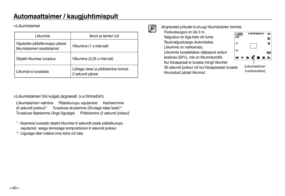 Samsung EC-J45ABDA/EU3 manual Liikumistaimeri töö kulgeb järgnevalt. v.a filmirežiim 