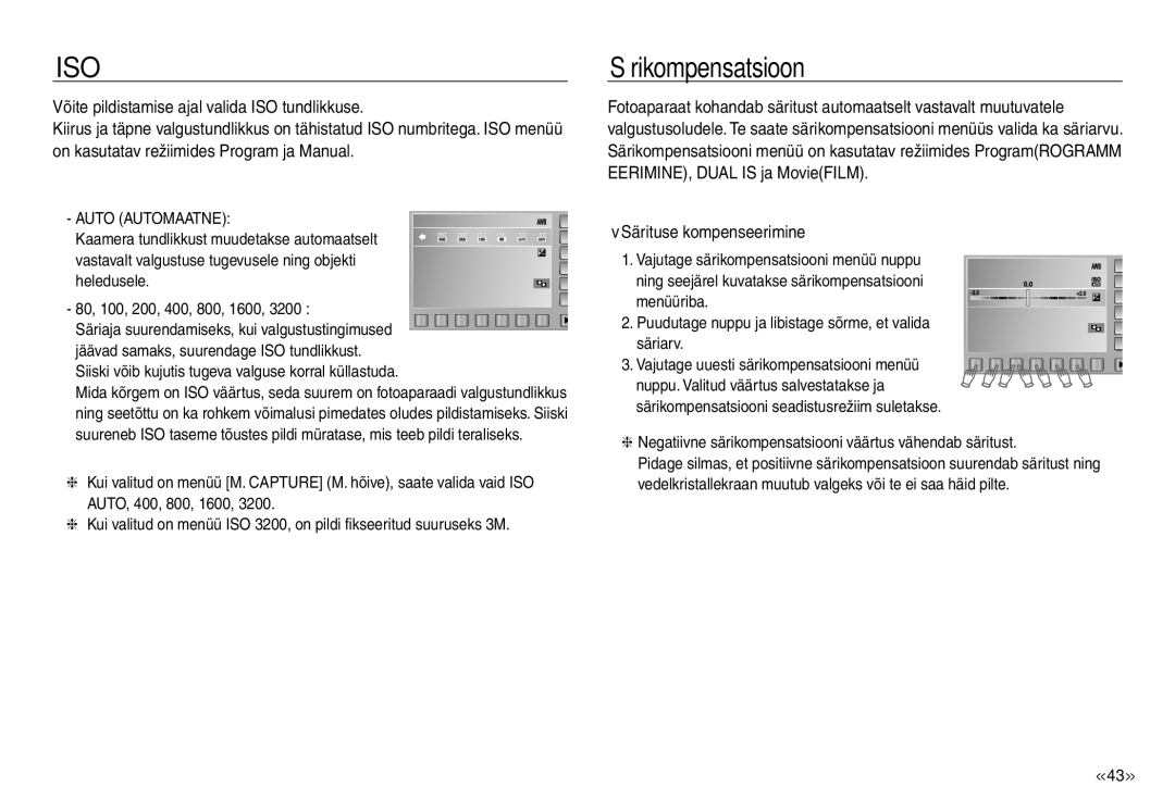 Samsung EC-J45ABDA/EU3 manual Särikompensatsioon, Särituse kompenseerimine, Auto Automaatne 