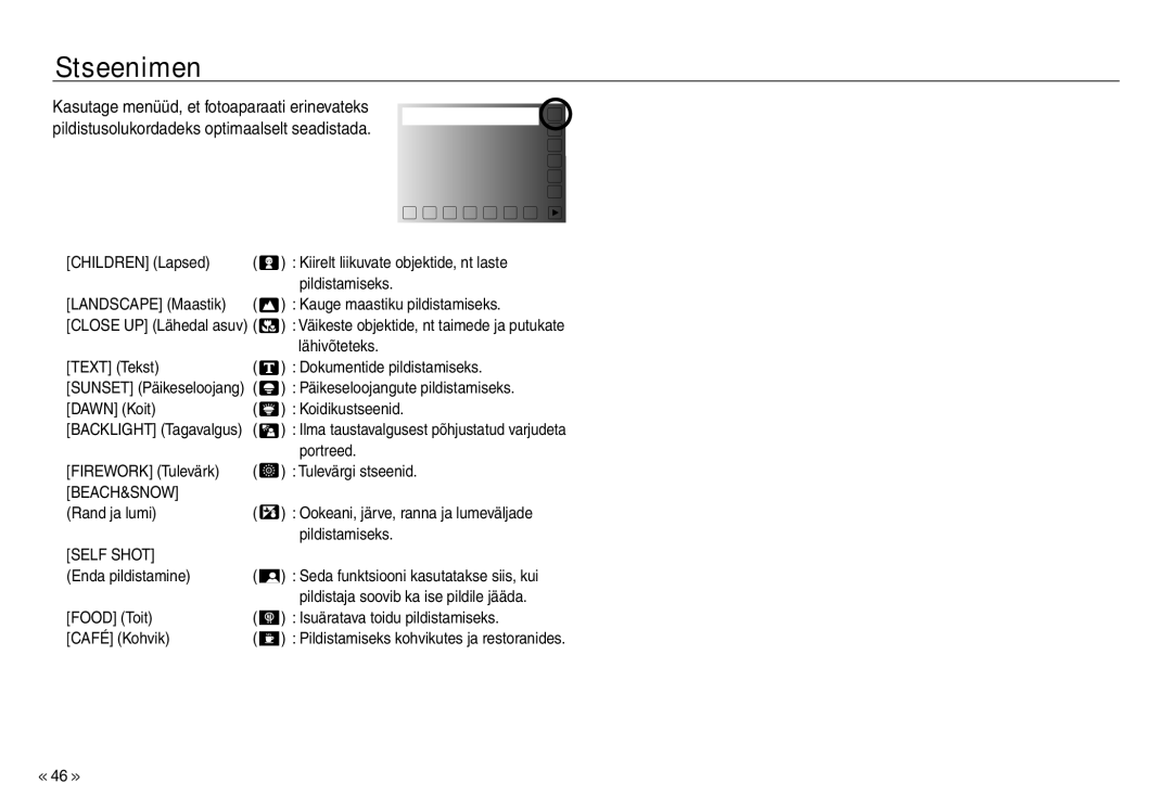 Samsung EC-J45ABDA/EU3 manual Stseenimenüü, Beach&Snow, Self Shot 