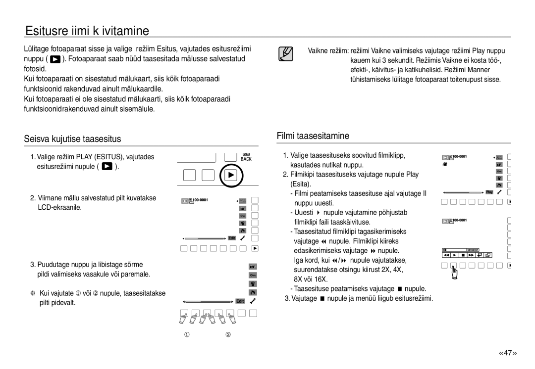 Samsung EC-J45ABDA/EU3 manual Esitusrežiimi käivitamine, Seisva kujutise taasesitus, Filmi taasesitamine 