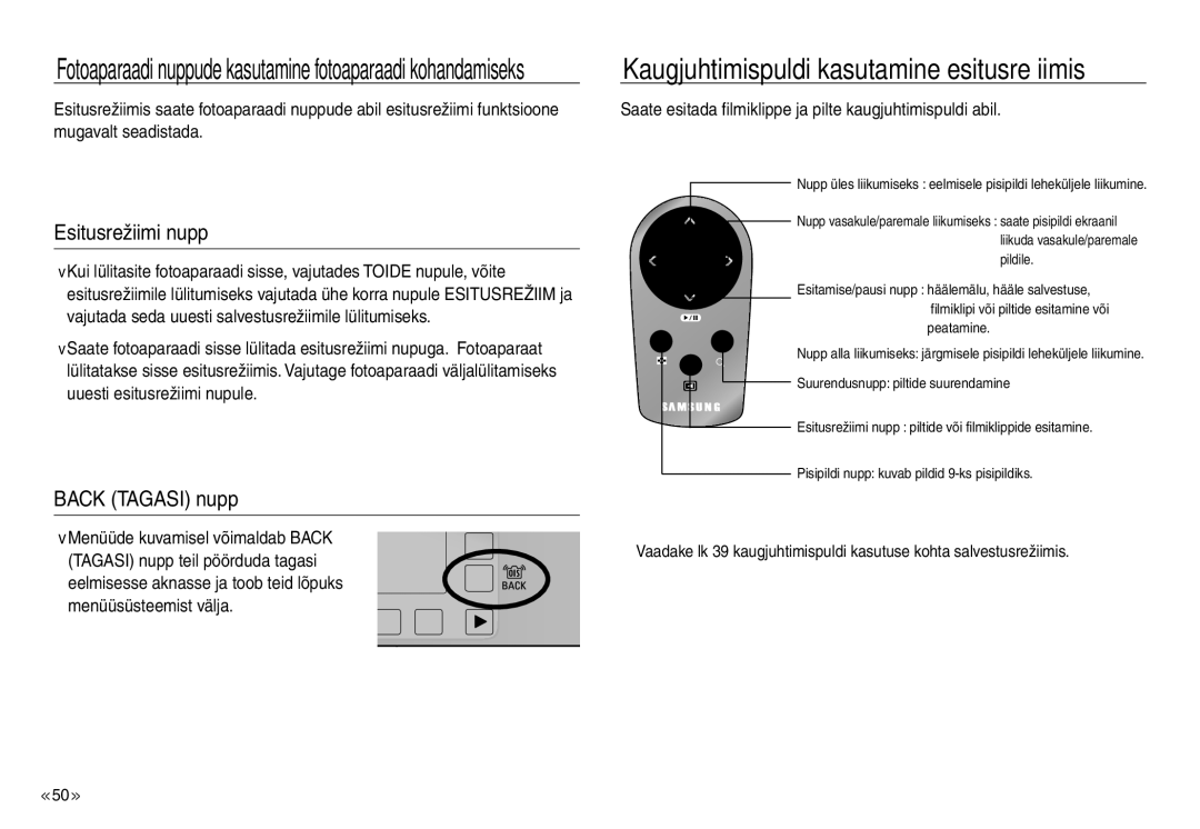 Samsung EC-J45ABDA/EU3 manual Esitusrežiimi nupp, Back Tagasi nupp, Menüüde kuvamisel võimaldab Back 