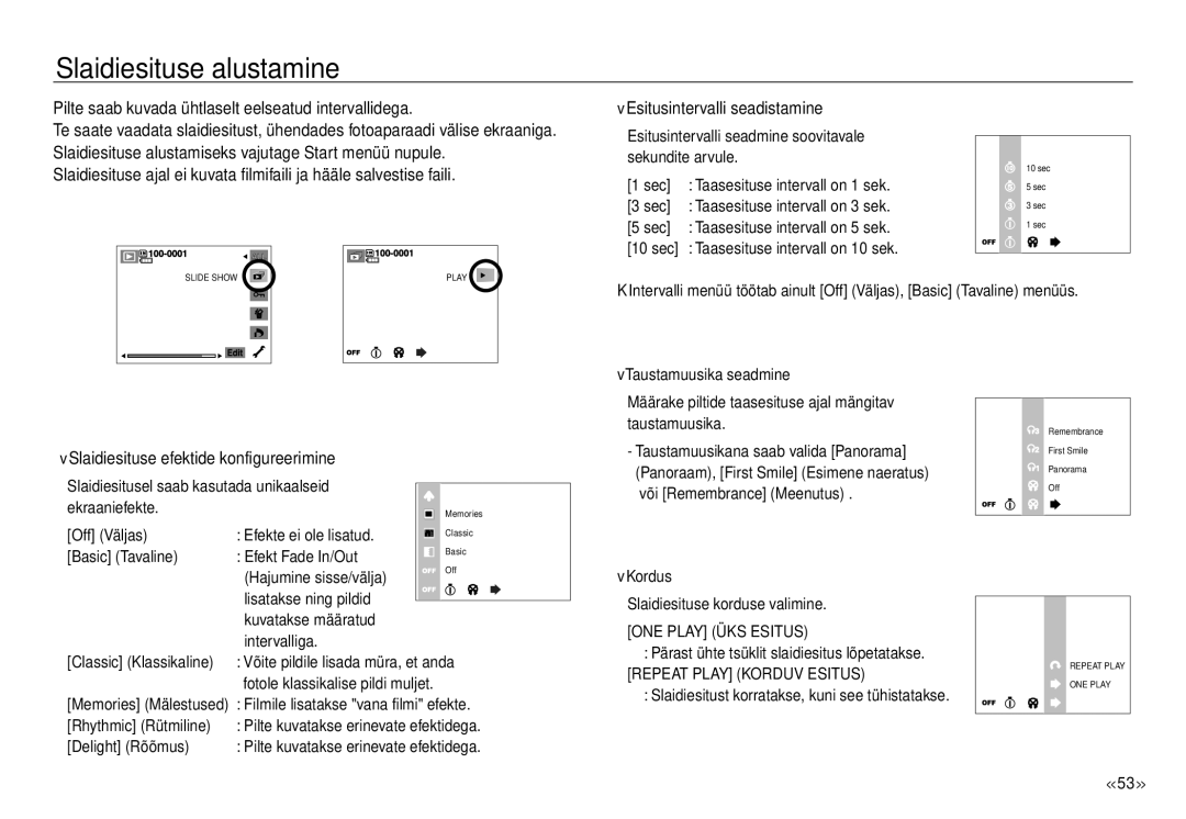 Samsung EC-J45ABDA/EU3 manual Slaidiesituse alustamine, Pilte saab kuvada ühtlaselt eelseatud intervallidega 