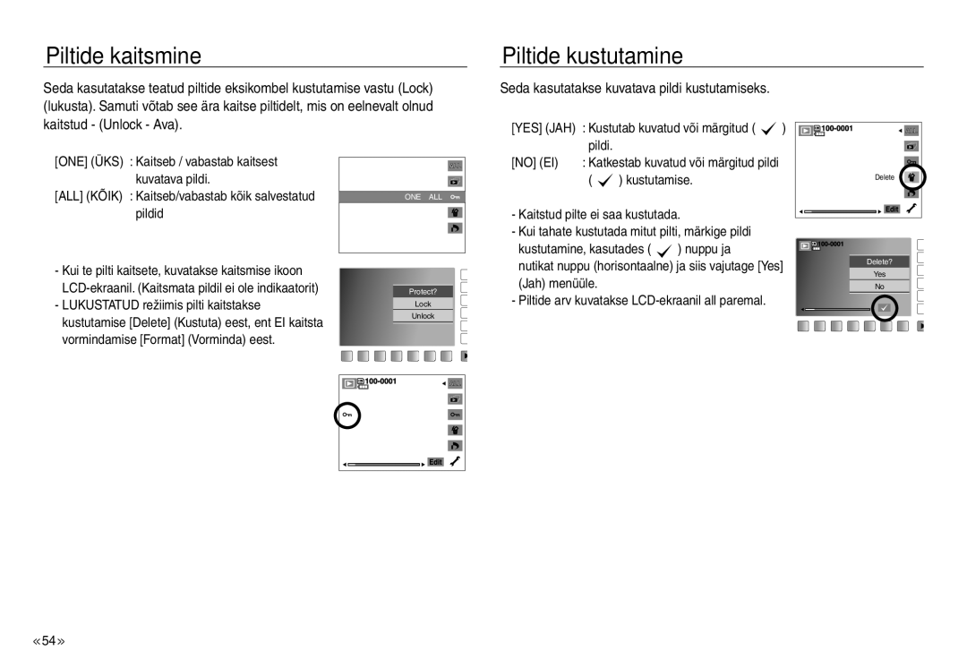 Samsung EC-J45ABDA/EU3 manual Piltide kaitsmine, Piltide kustutamine 