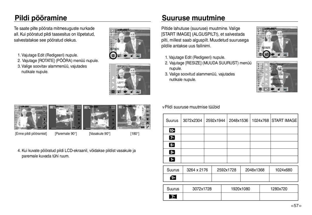 Samsung EC-J45ABDA/EU3 manual Pildi pööramine Suuruse muutmine, Pildi suuruse muutmise tüübid 