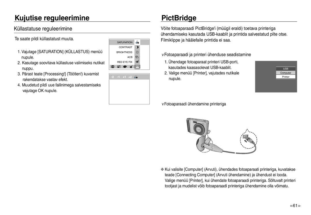 Samsung EC-J45ABDA/EU3 manual PictBridge, Valige menüü Printer, vajutades nutikale, Fotoaparaadi ühendamine printeriga 