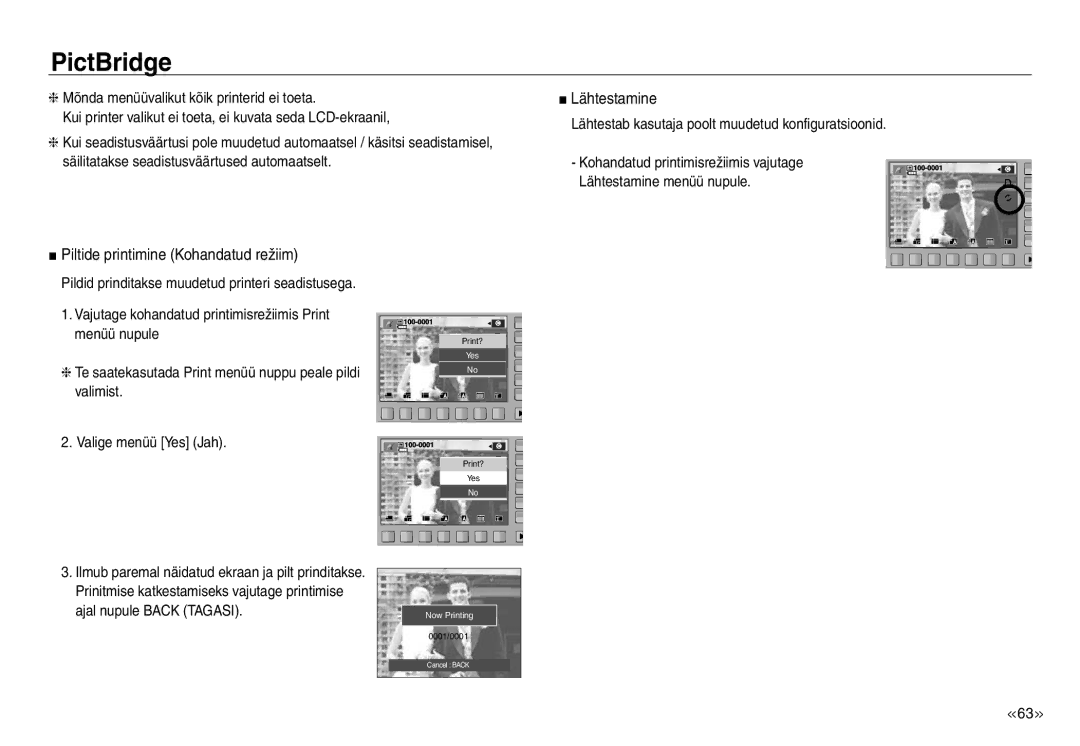 Samsung EC-J45ABDA/EU3 manual Lähtestamine, Piltide printimine Kohandatud režiim 