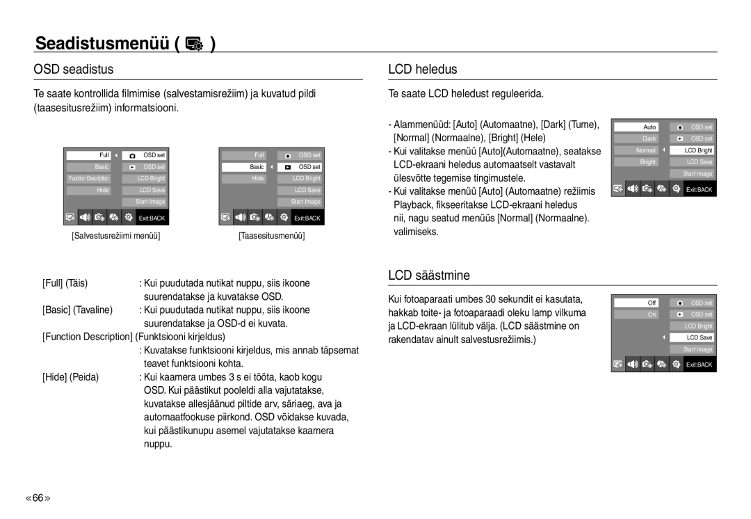 Samsung EC-J45ABDA/EU3 manual OSD seadistus LCD heledus, LCD säästmine 