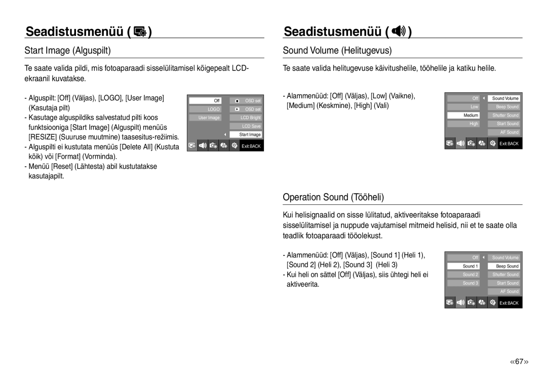 Samsung EC-J45ABDA/EU3 manual Start Image Alguspilt, Sound Volume Helitugevus, Operation Sound Tööheli 