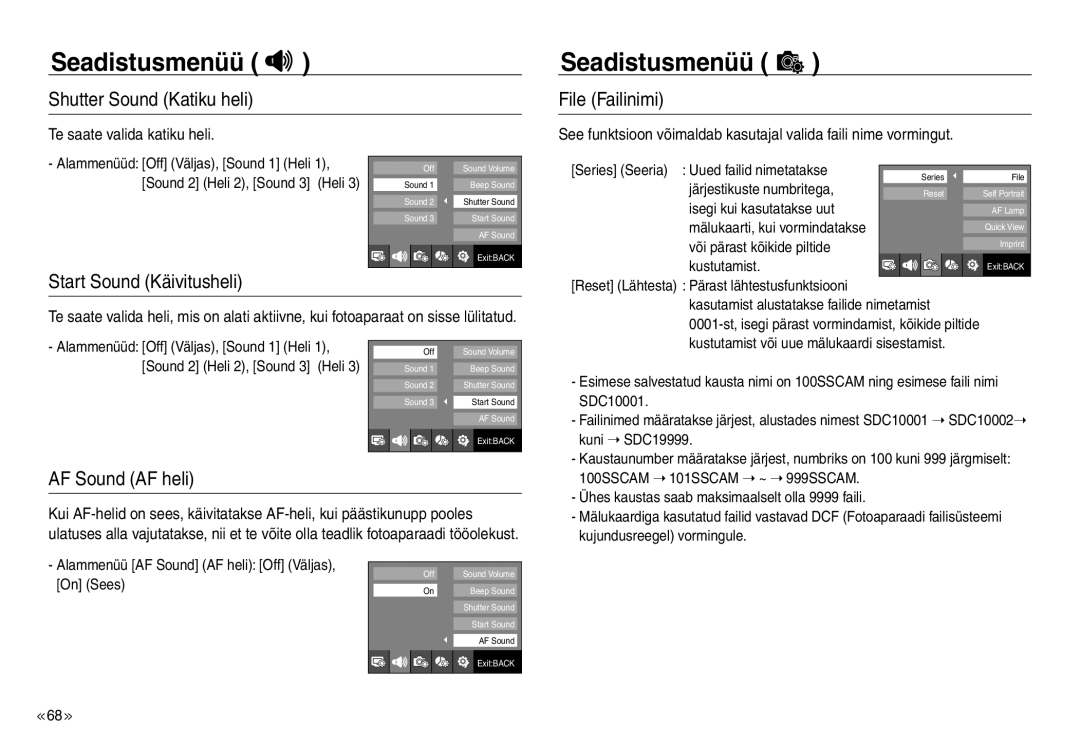 Samsung EC-J45ABDA/EU3 manual Shutter Sound Katiku heli, File Failinimi, Start Sound Käivitusheli, AF Sound AF heli 