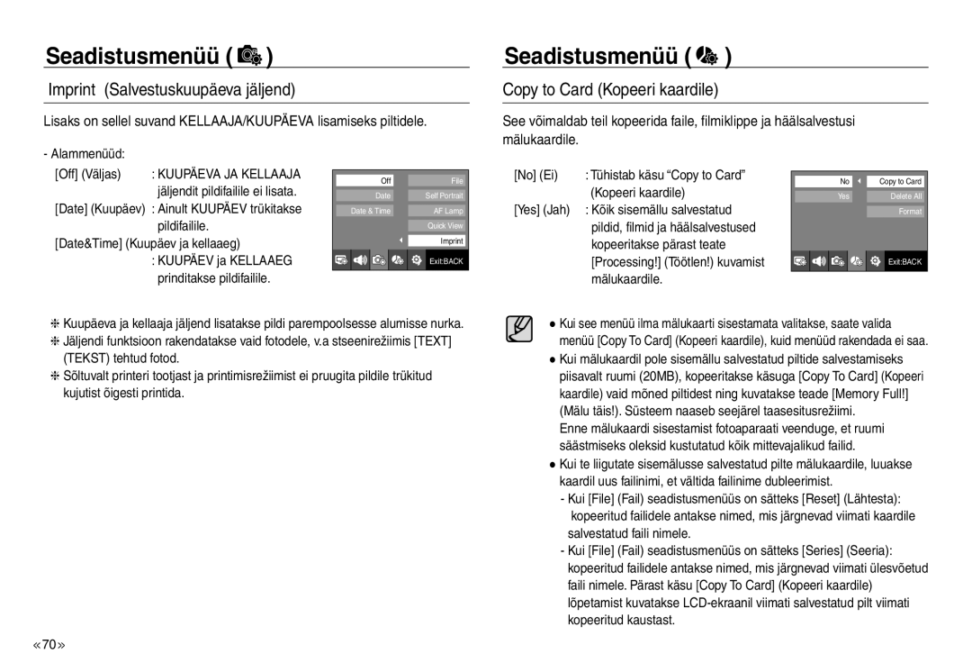 Samsung EC-J45ABDA/EU3 manual Imprint Salvestuskuupäeva jäljend, Copy to Card Kopeeri kaardile 