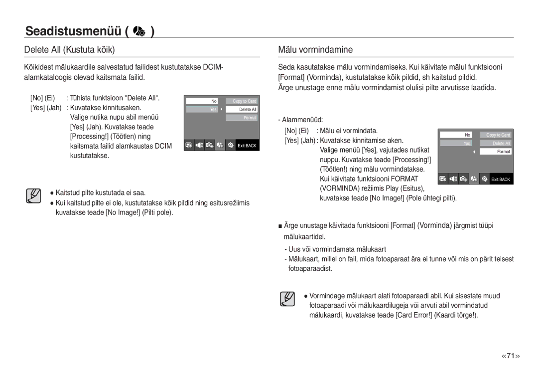 Samsung EC-J45ABDA/EU3 manual Delete All Kustuta kõik, Mälu vormindamine 