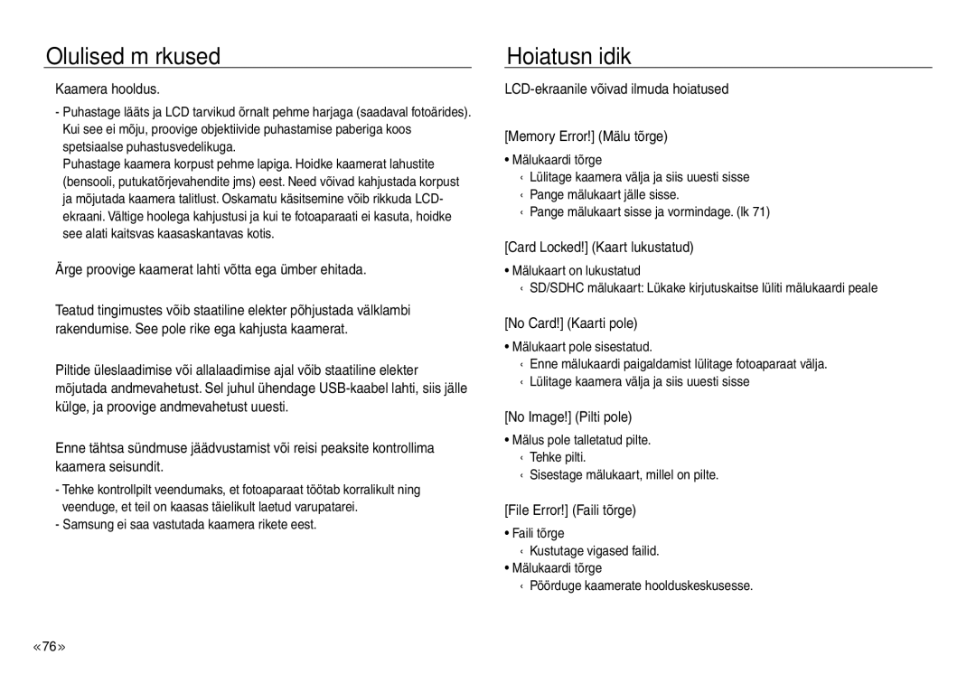 Samsung EC-J45ABDA/EU3 manual Hoiatusnäidik 