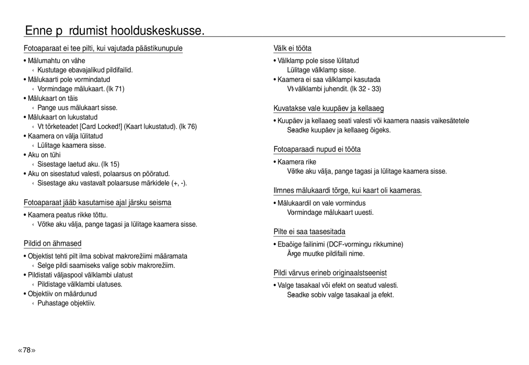 Samsung EC-J45ABDA/EU3 manual Fotoaparaat ei tee pilti, kui vajutada päästikunupule, Pildid on ähmased, Välk ei tööta 