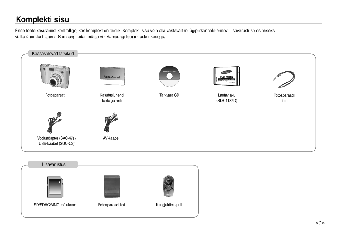 Samsung EC-J45ABDA/EU3 manual Komplekti sisu, Lisavarustus 