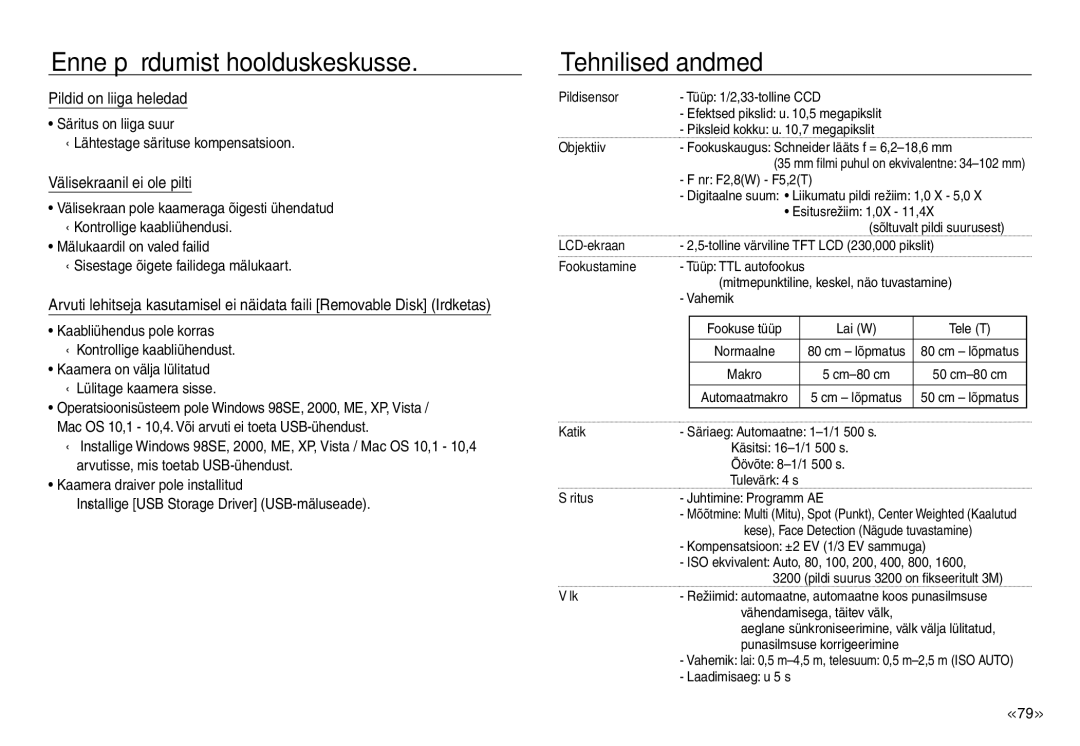 Samsung EC-J45ABDA/EU3 manual Tehnilised andmed, Pildid on liiga heledad, Välisekraanil ei ole pilti 