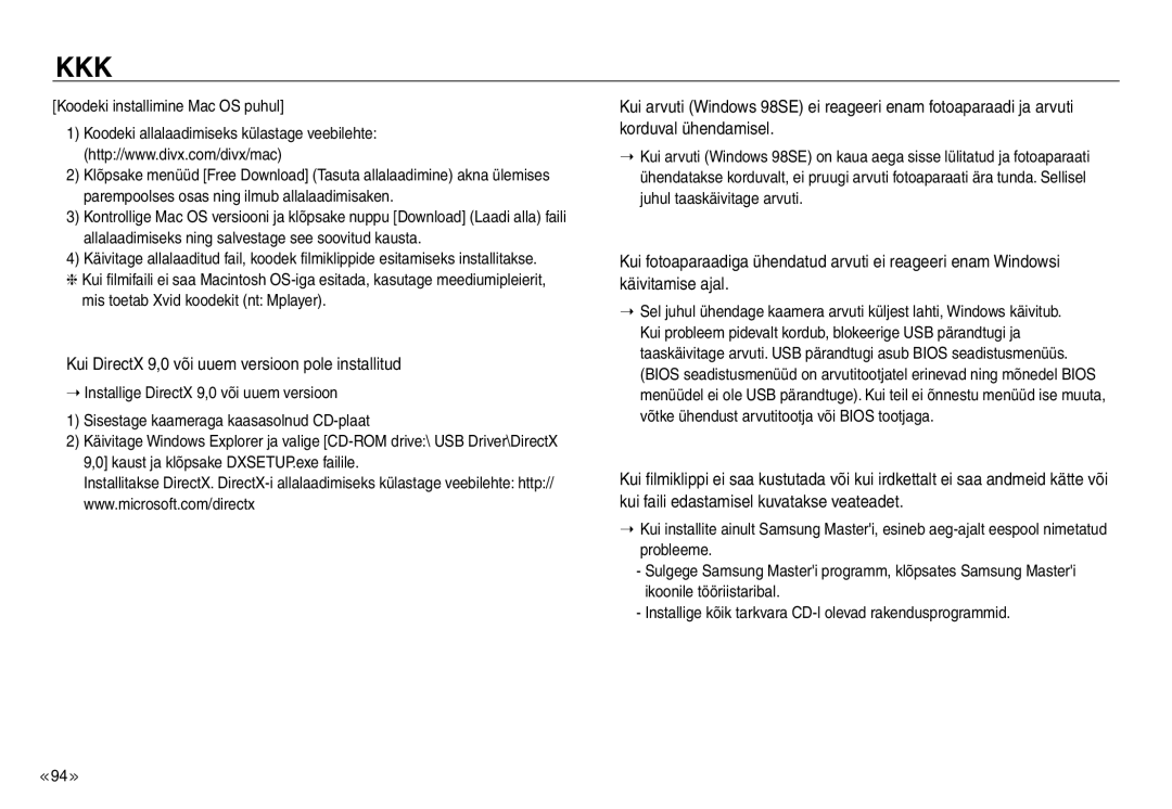 Samsung EC-J45ABDA/EU3 manual Kui DirectX 9,0 või uuem versioon pole installitud 