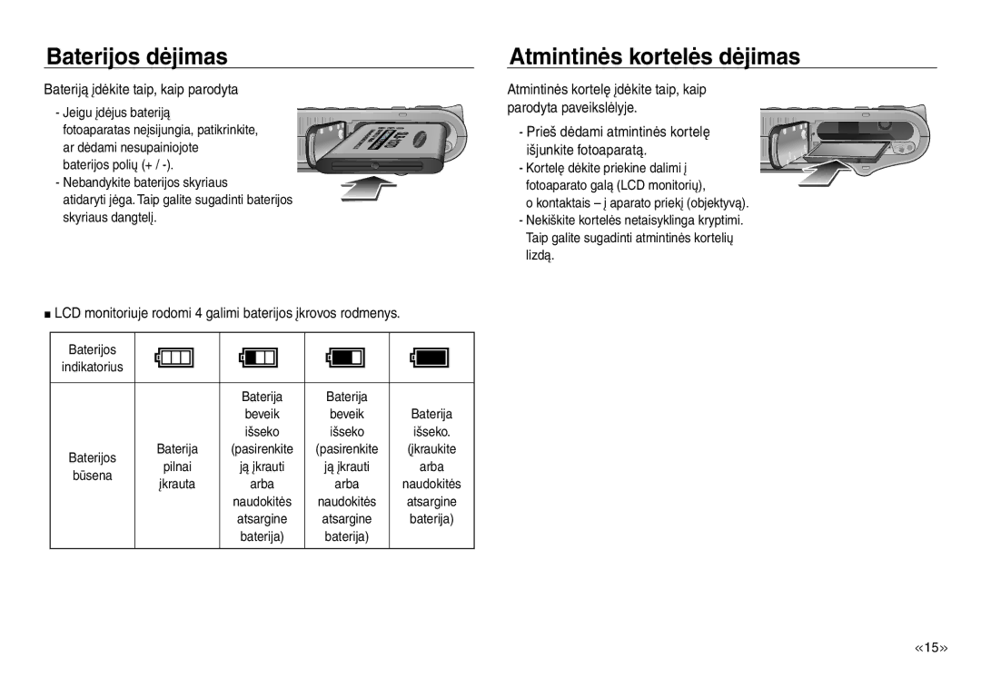 Samsung EC-J45ABDA/EU3 manual Baterijos dėjimas Atmintinės kortelės dėjimas, Parodyta paveikslėlyje, Išjunkite fotoaparatą 