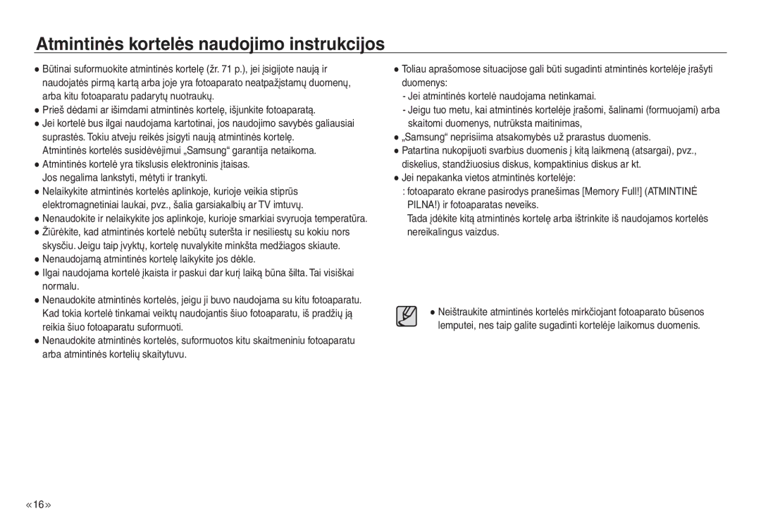 Samsung EC-J45ABDA/EU3 manual Atmintinės kortelės naudojimo instrukcijos 