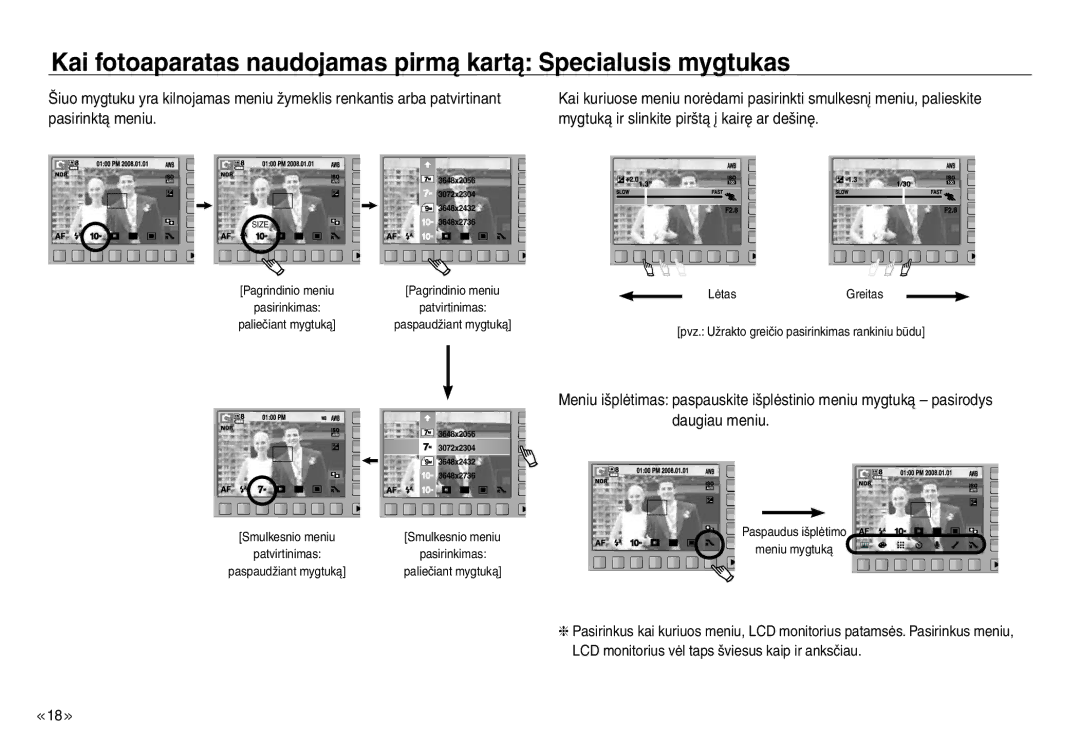 Samsung EC-J45ABDA/EU3 manual Pasirinktą meniu, Mygtuką ir slinkite pirštą į kairę ar dešinę 