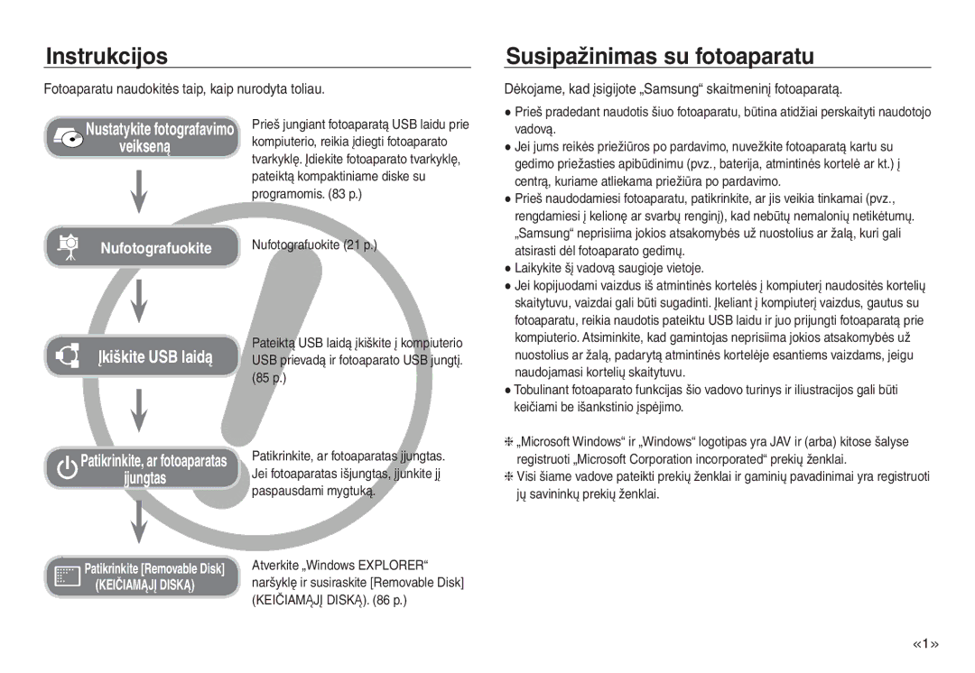 Samsung EC-J45ABDA/EU3 manual Instrukcijos, Susipažinimas su fotoaparatu, Fotoaparatu naudokitės taip, kaip nurodyta toliau 