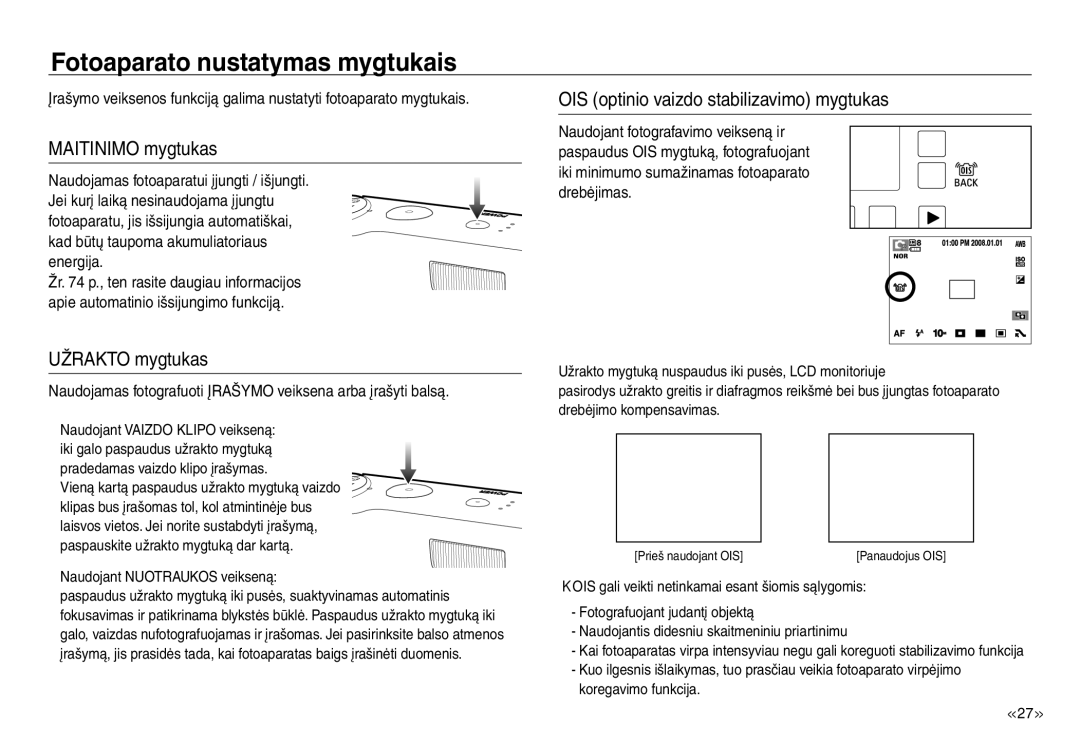 Samsung EC-J45ABDA/EU3 manual Fotoaparato nustatymas mygtukais, Maitinimo mygtukas, Užrakto mygtukas 