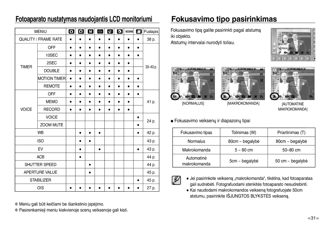 Samsung EC-J45ABDA/EU3 manual Fokusavimo tipo pasirinkimas, Iki objekto Atstumų intervalai nurodyti toliau 