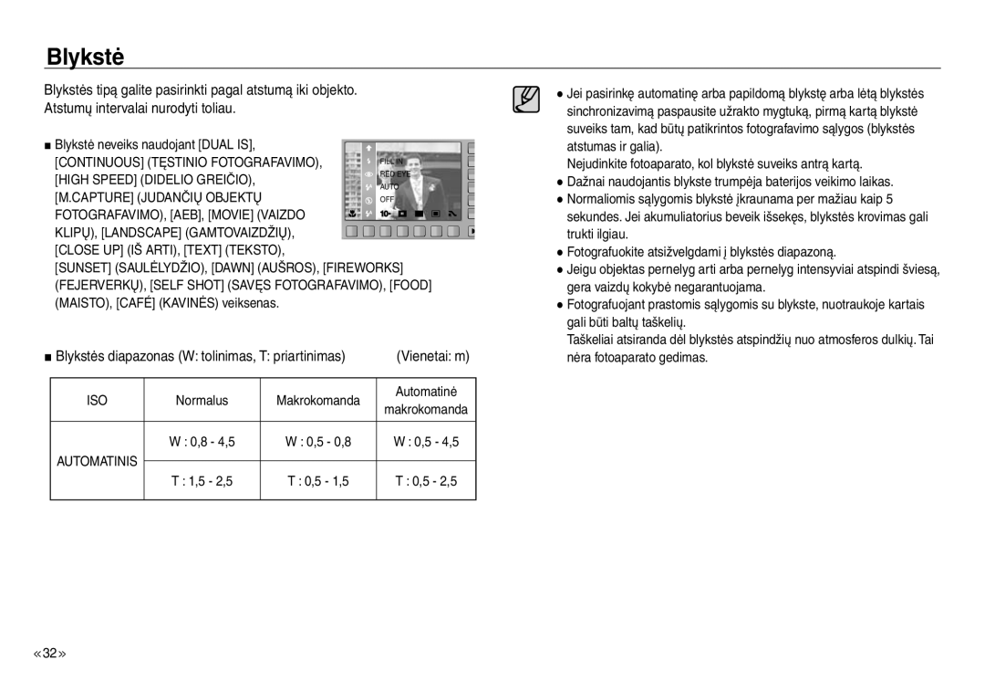 Samsung EC-J45ABDA/EU3 Blykstė neveiks naudojant Dual is, Blykstės diapazonas W tolinimas, T priartinimas Vienetai m 